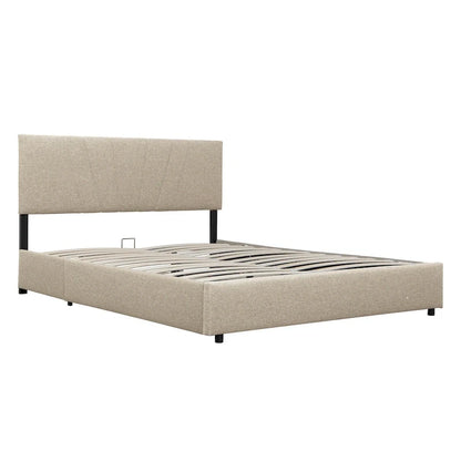 Beige Full Upholstered Platform Bed with Hydraulic Lift Storage and Tufted Headboard - Ideal for All Ages