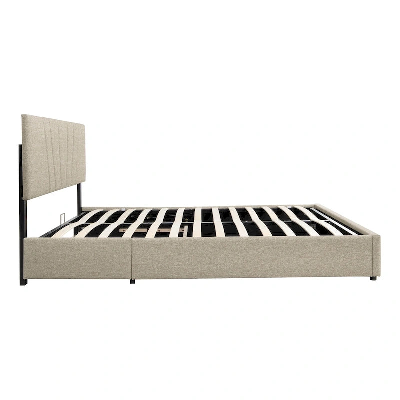 Beige Full Upholstered Platform Bed with Hydraulic Lift Storage and Tufted Headboard - Ideal for All Ages