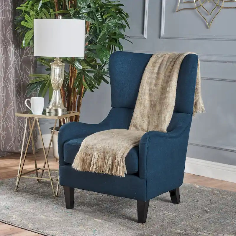 Navy Blue Modern 27 High Back Accent Chair with Birch Wood Legs and Wing Back for Living Room