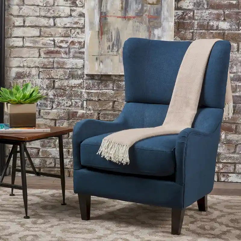 Navy Blue Modern 27 High Back Accent Chair with Birch Wood Legs and Wing Back for Living Room