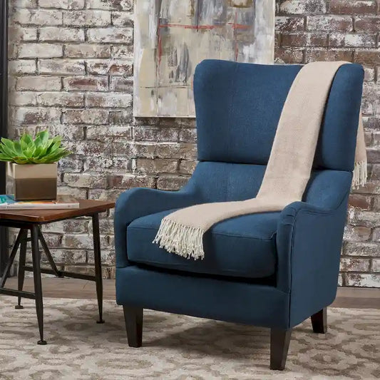 Navy Blue Modern 27 High Back Accent Chair with Birch Wood Legs and Wing Back for Living Room