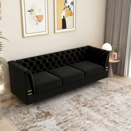 82 Velvet 3 Seater Chesterfield Sofa Couch with Gold Metal Legs, High Rebound Sponge and Removable Cushions