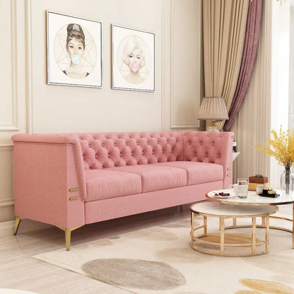 82 Velvet 3 Seater Chesterfield Sofa Couch with Gold Metal Legs, High Rebound Sponge and Removable Cushions