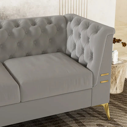 82 Velvet 3 Seater Chesterfield Sofa Couch with Gold Metal Legs, High Rebound Sponge and Removable Cushions