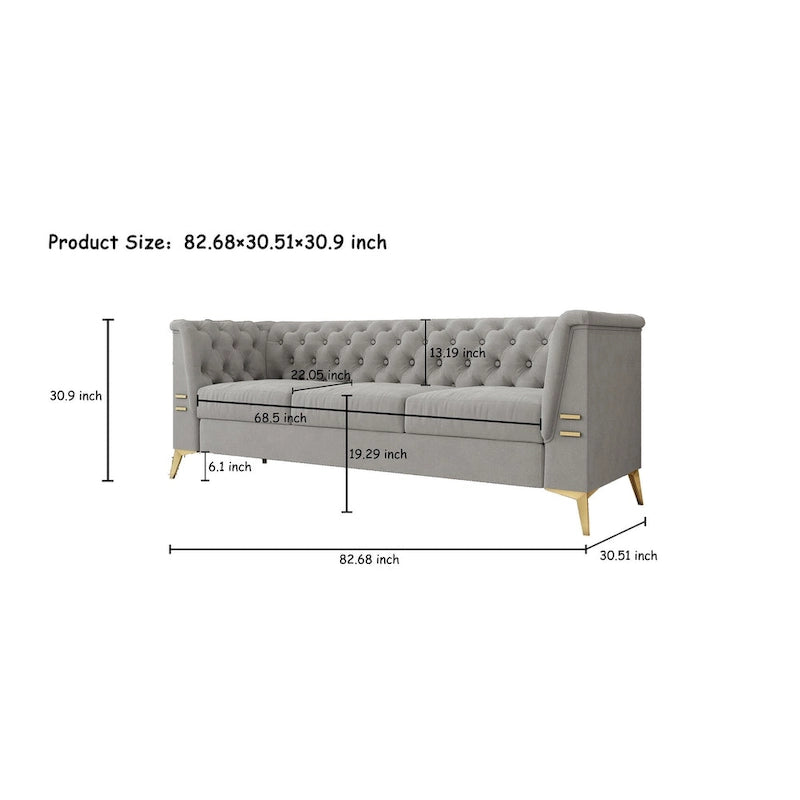 82 Velvet 3 Seater Chesterfield Sofa Couch with Gold Metal Legs, High Rebound Sponge and Removable Cushions