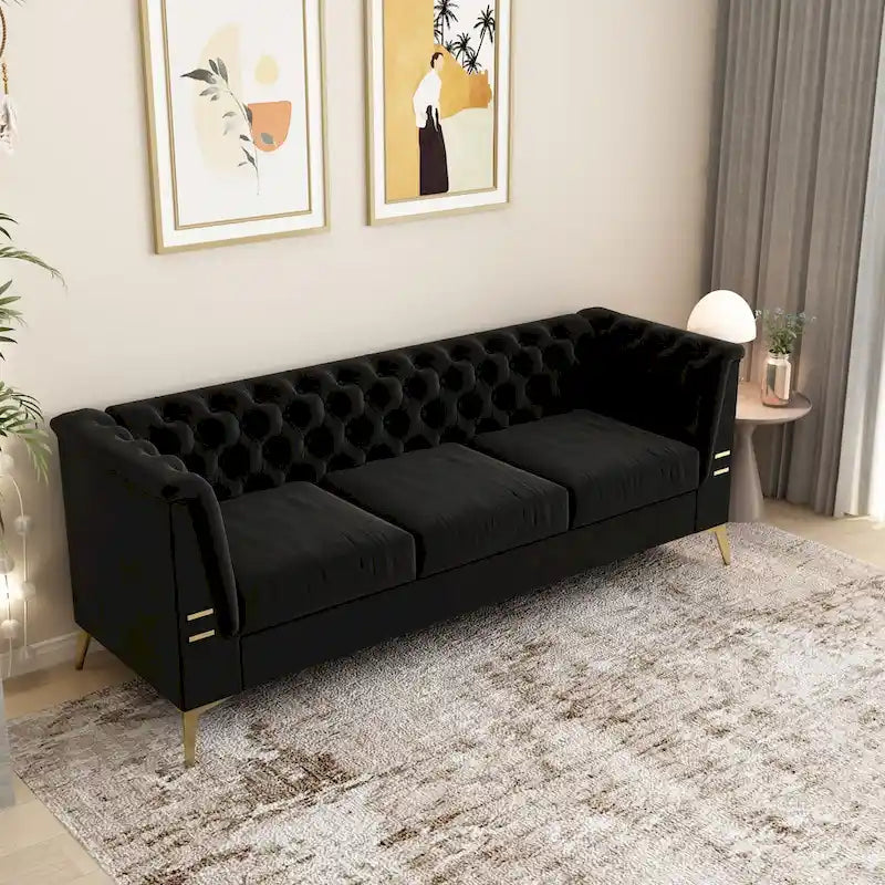 82 Velvet 3 Seater Chesterfield Sofa Couch with Gold Metal Legs, High Rebound Sponge and Removable Cushions