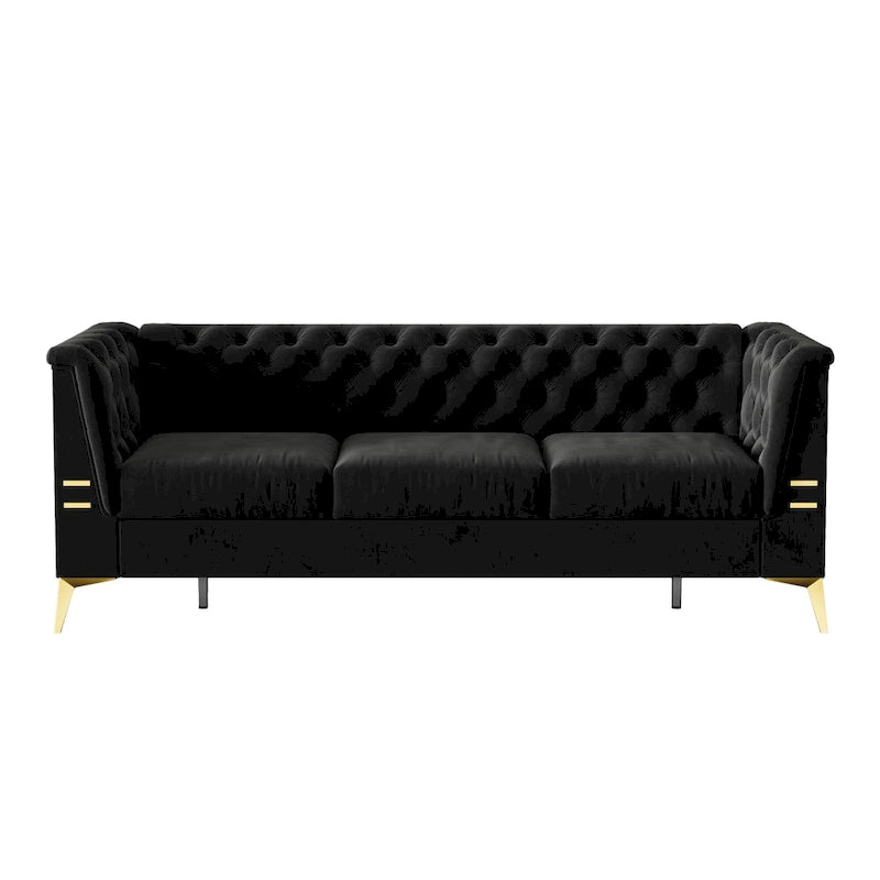 82 Velvet 3 Seater Chesterfield Sofa Couch with Gold Metal Legs, High Rebound Sponge and Removable Cushions