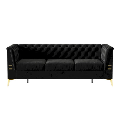 82 Velvet 3 Seater Chesterfield Sofa Couch with Gold Metal Legs, High Rebound Sponge and Removable Cushions