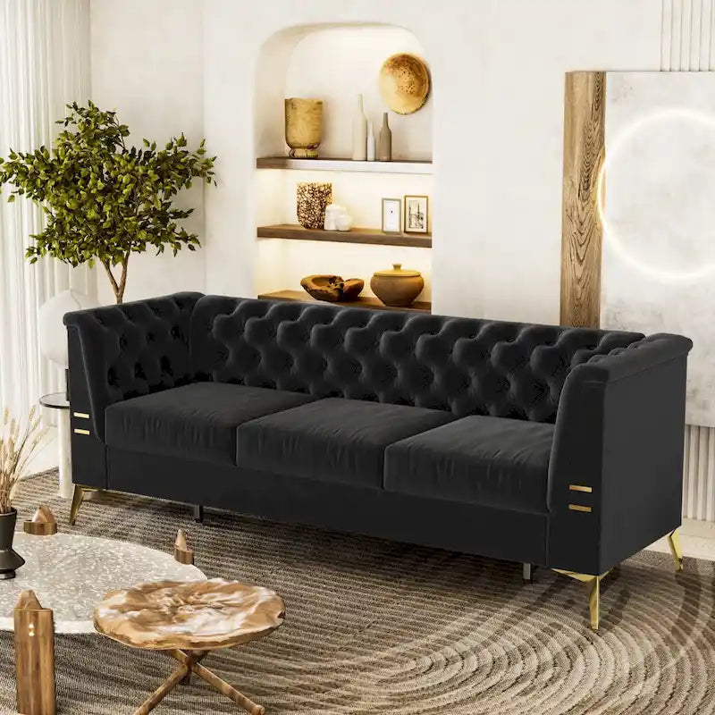 82 Velvet 3 Seater Chesterfield Sofa Couch with Gold Metal Legs, High Rebound Sponge and Removable Cushions