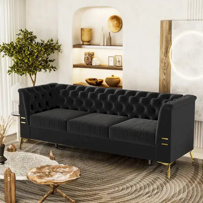 82 Velvet 3 Seater Chesterfield Sofa Couch with Gold Metal Legs, High Rebound Sponge and Removable Cushions