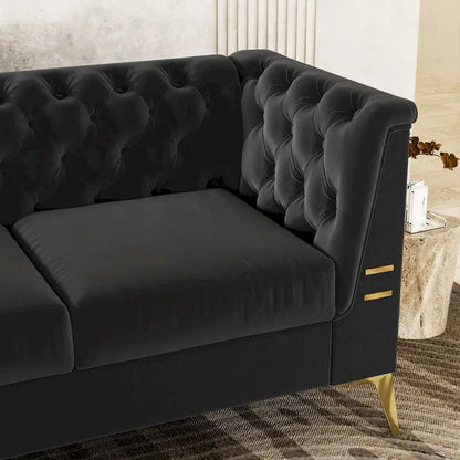 82 Velvet 3 Seater Chesterfield Sofa Couch with Gold Metal Legs, High Rebound Sponge and Removable Cushions