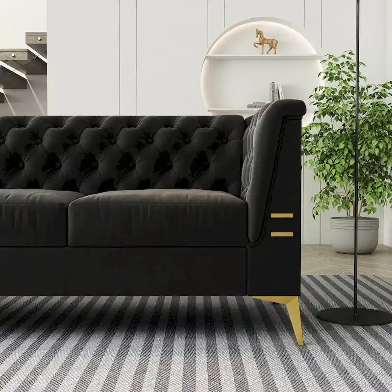 82 Velvet 3 Seater Chesterfield Sofa Couch with Gold Metal Legs, High Rebound Sponge and Removable Cushions