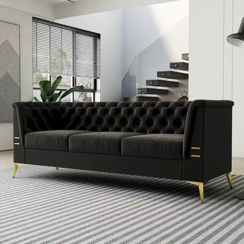 82 Velvet 3 Seater Chesterfield Sofa Couch with Gold Metal Legs, High Rebound Sponge and Removable Cushions