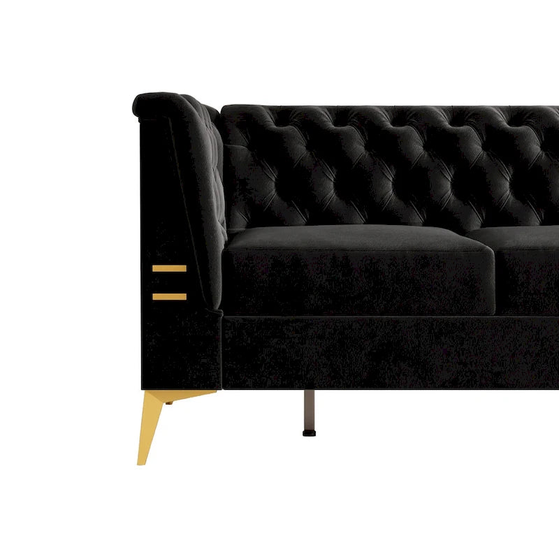 82 Velvet 3 Seater Chesterfield Sofa Couch with Gold Metal Legs, High Rebound Sponge and Removable Cushions