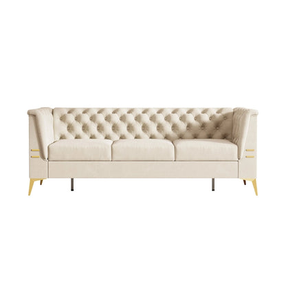 82 Velvet 3 Seater Chesterfield Sofa Couch with Gold Metal Legs, High Rebound Sponge and Removable Cushions