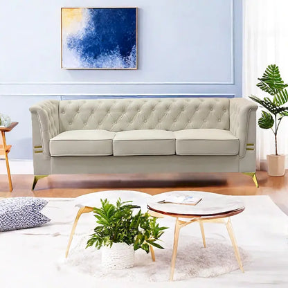 82 Velvet 3 Seater Chesterfield Sofa Couch with Gold Metal Legs, High Rebound Sponge and Removable Cushions