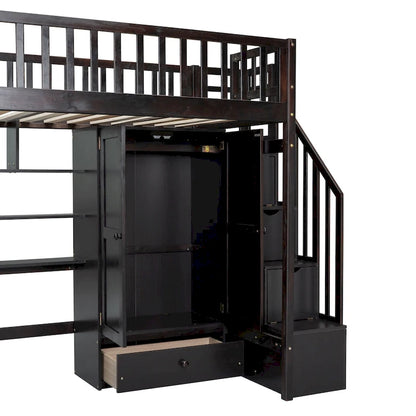 Twin Pine Loft Bed with Bookshelf, Drawers, Desk, Wardrobe, and Stairs