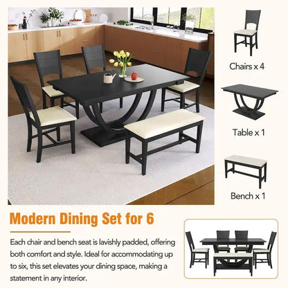 6-Piece Wooden Dining Table Set with Rectangular Table & 4 Chairs