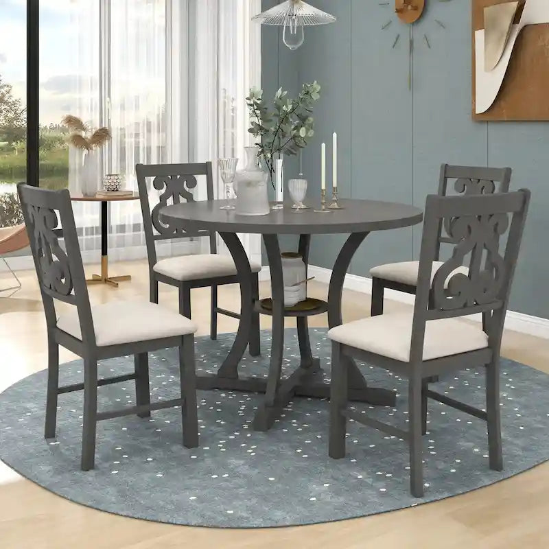 Retro 5-Piece Wooden Dining Table Set with 4 Chairs & Round Table