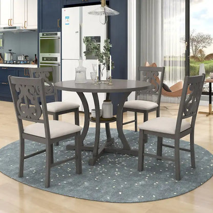 Retro 5-Piece Wooden Dining Table Set with 4 Chairs & Round Table