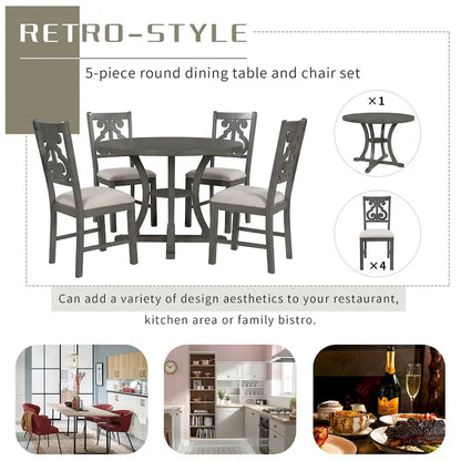 Retro 5-Piece Wooden Dining Table Set with 4 Chairs & Round Table