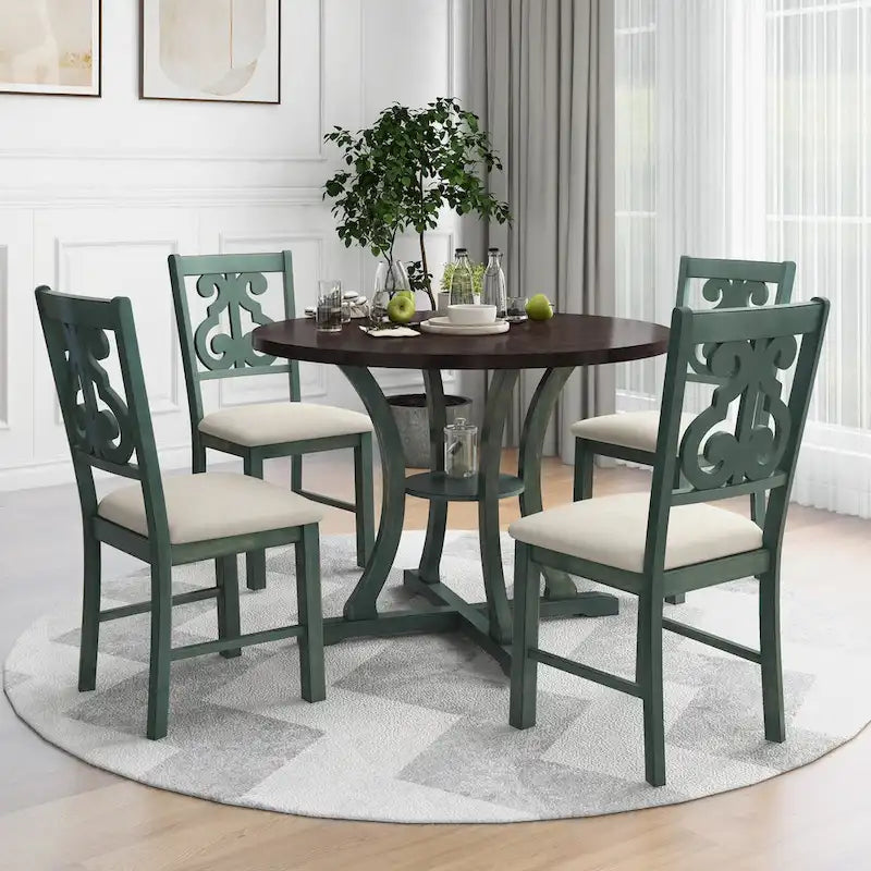 Retro 5-Piece Wooden Dining Table Set with 4 Chairs & Round Table