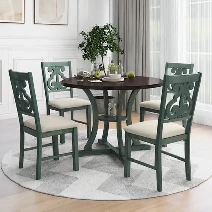 Retro 5-Piece Wooden Dining Table Set with 4 Chairs & Round Table