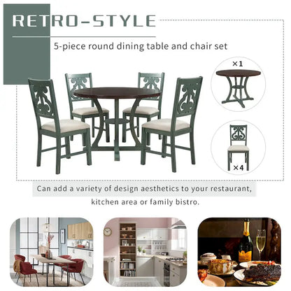 Retro 5-Piece Wooden Dining Table Set with 4 Chairs & Round Table