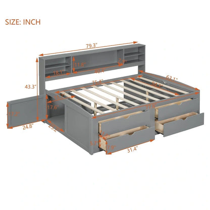 Full Wooden Daybed with Cabinets, Shelves, and Drawers