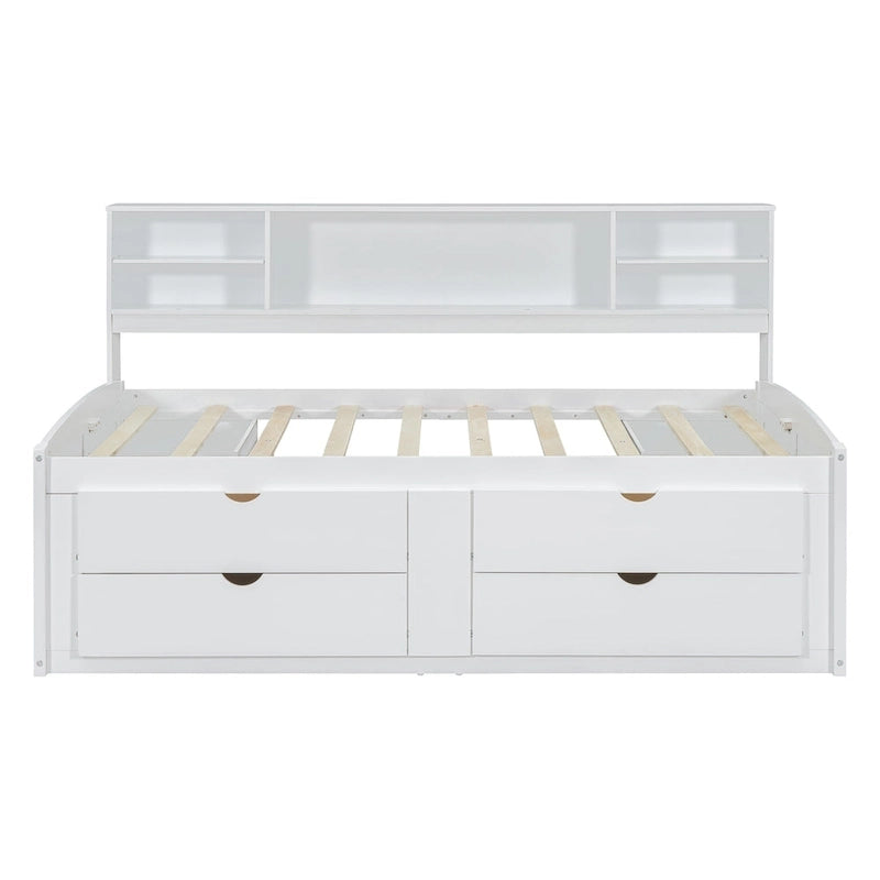 Full Wooden Daybed with Cabinets, Shelves, and Drawers