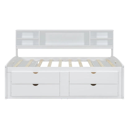 Full Wooden Daybed with Cabinets, Shelves, and Drawers