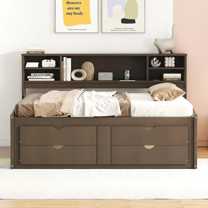 Full Wooden Daybed with Cabinets, Shelves, and Drawers