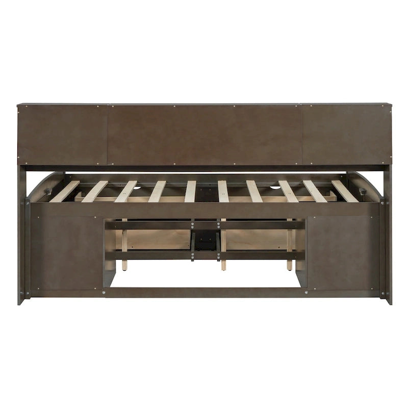 Full Wooden Daybed with Cabinets, Shelves, and Drawers