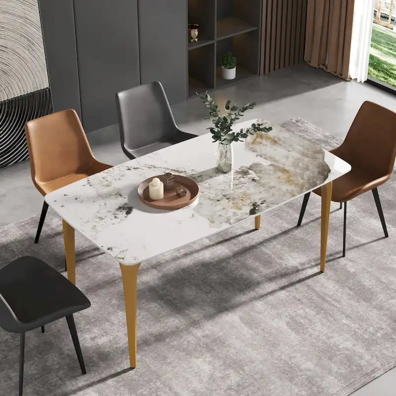 Modern Slate Dining Table, Pandora Pattern Design Sintered Stone Top and Metal Legs.