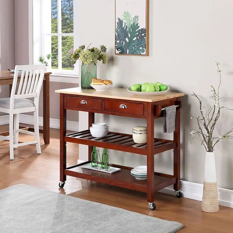Convenience Concepts American Heritage 3 Tier Butcher Block Kitchen Cart with Drawers