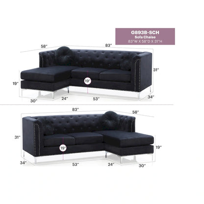 Pompano 83 in. Tufted Velvet Sectional with 2-Throw Pillow - 83L x 58W x 31H