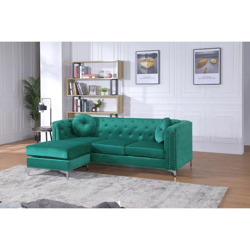 Pompano 83 in. Tufted Velvet Sectional with 2-Throw Pillow - 83L x 58W x 31H