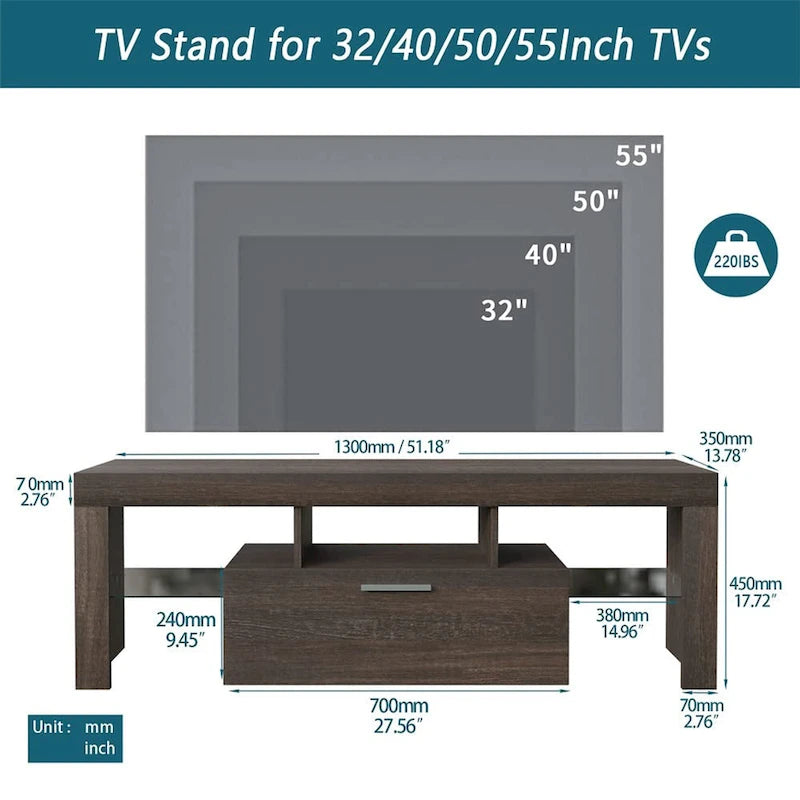 51 Modern LED TV Stand with Cabinet, 20 Minutes Quick Assembly - 51.18inch*13.78inch*17.72inch