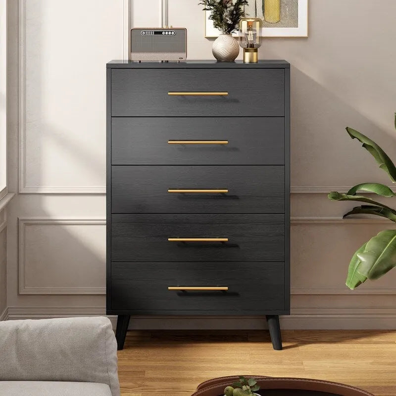 5 Drawer Dresser for Bedroom, High Drawer Chest of Drawers with Metal Knobs