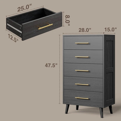 5 Drawer Dresser for Bedroom, High Drawer Chest of Drawers with Metal Knobs