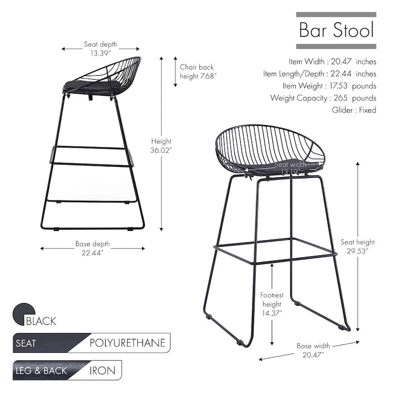 Porthos Home Aven Iron Wire Bar Stools with PU Leather Seat Pad, Set of 2