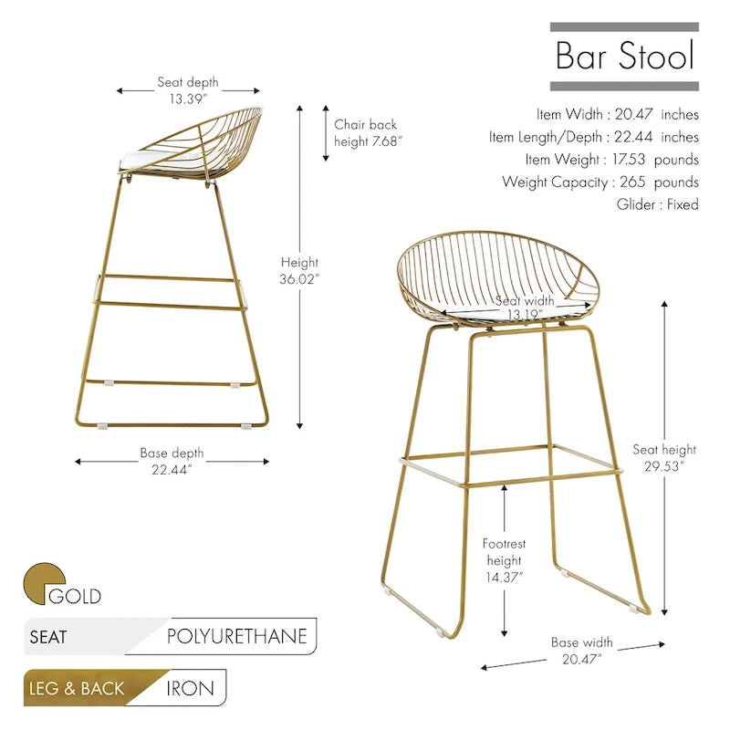 Porthos Home Aven Iron Wire Bar Stools with PU Leather Seat Pad, Set of 2