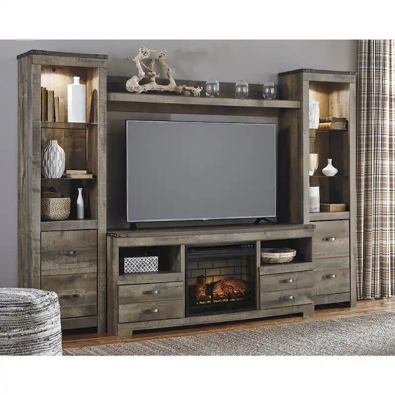 Signature Design by Ashley Trinell Brown 4-Piece Entertainment Center with Electric Fireplace - 104.5W x 20.75D x 73.25H