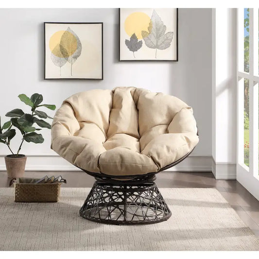 Papasan Chair with Cream Round Pillow Cushion and Brown Wicker Weave