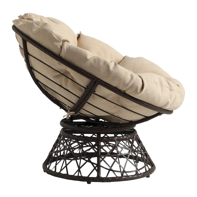 Papasan Chair with Cream Round Pillow Cushion and Brown Wicker Weave