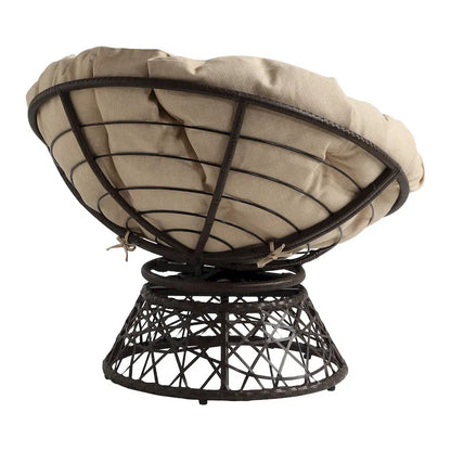 Papasan Chair with Cream Round Pillow Cushion and Brown Wicker Weave