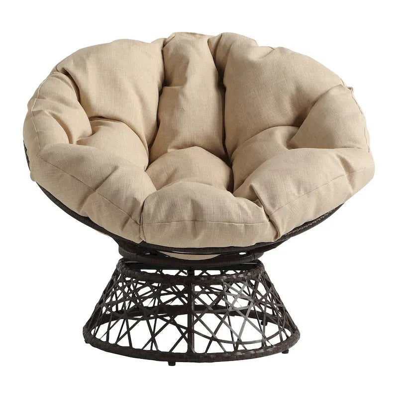 Papasan Chair with Cream Round Pillow Cushion and Brown Wicker Weave
