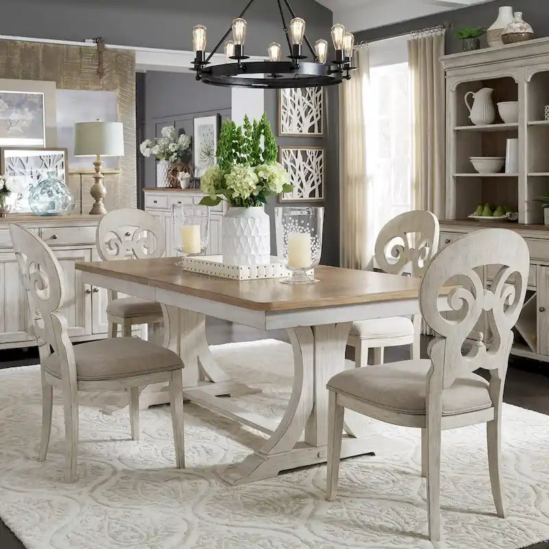 Farmhouse Reimagined Antique White 7 Piece Trestle Table Set