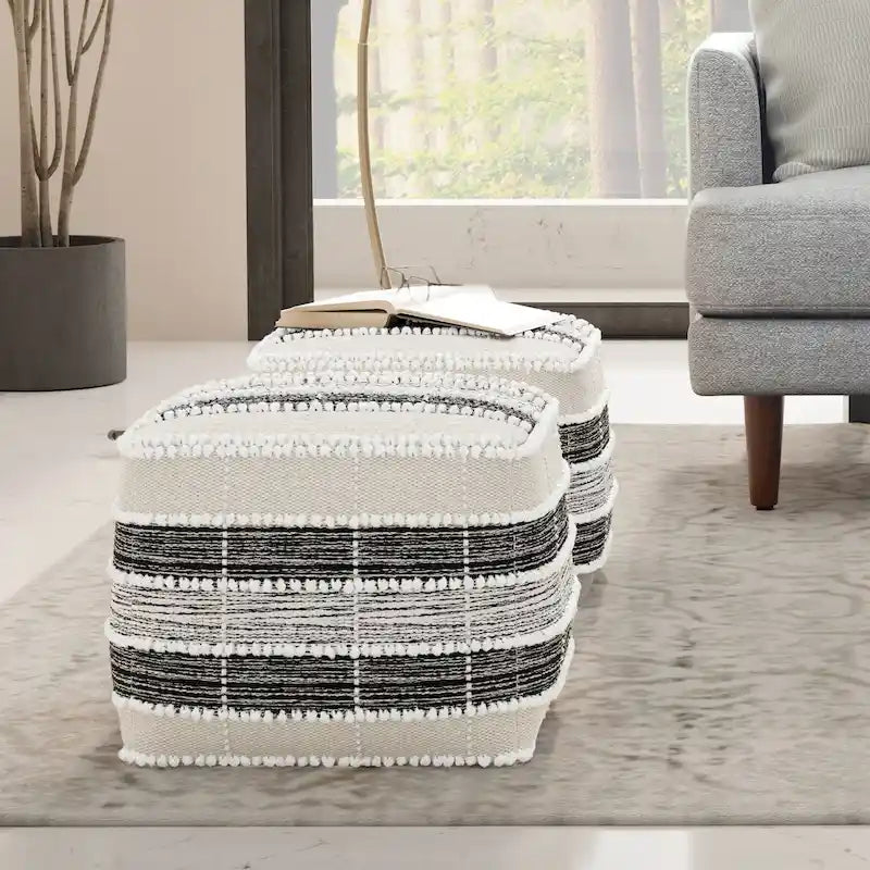 WYNDENHALL Highland Boho Square Pouf in White, Beige, Black Polystyrene Filling