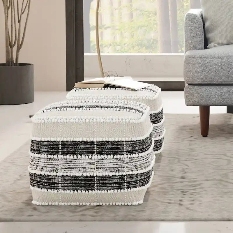 WYNDENHALL Highland Boho Square Pouf in White, Beige, Black Polystyrene Filling